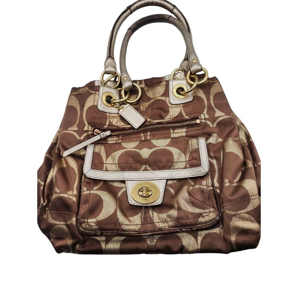 Coach Satchel Purse Brown Signature Jacquard Fabric‎ Silver Hardware